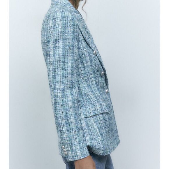 ZARA BLOGGERS FAV textured double blazer check tweed blue metallic chanelish s - Picture 9 of 9